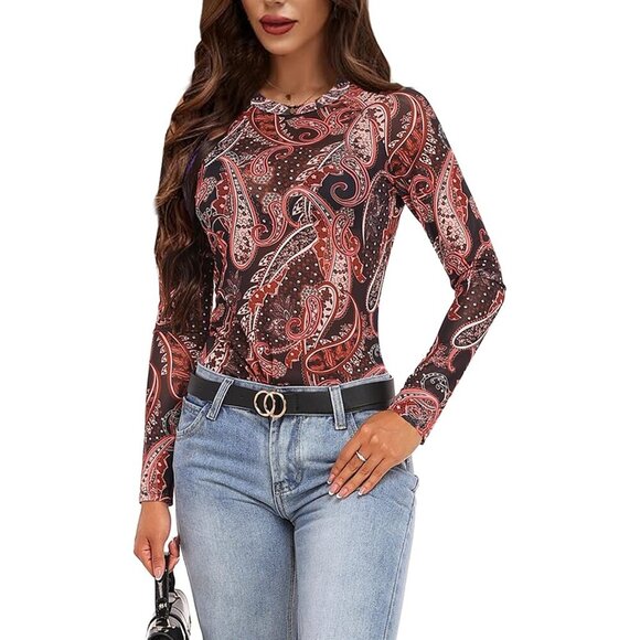 🆕Women Brown Floral Polyester Mesh Top  Crew  Neck Long Sleeve  See-Through Tee - Picture 4 of 6